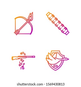 Set line Flying duck on shield, Gun shooting, Bow and fire arrow and Hunting cartridge belt with cartridges. Gradient color icons. Vector