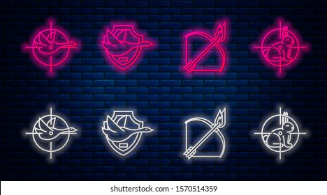 Set line Flying duck on shield, Bow and fire arrow, Hunt on duck with crosshairs and Hunt on rabbit with crosshairs. Glowing neon icon on brick wall. Vector
