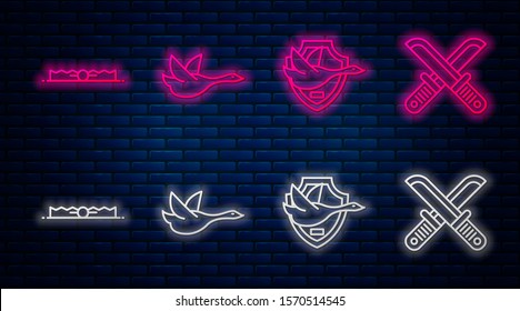 Set line Flying duck, Flying duck on shield, Trap hunting and Crossed hunter knife. Glowing neon icon on brick wall. Vector