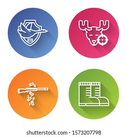 Set line Flying duck on shield, Hunt on moose with crosshairs, Gun shooting and Hunter boots. Color circle button. Vector