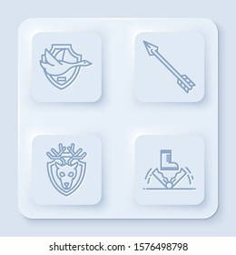 Set line Flying duck on shield, Hipster arrow, Deer head with antlers on shield and Trap hunting. White square button. Vector