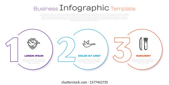 Set line Flying duck on shield, Flying duck and Bow and arrow in quiver. Business infographic template. Vector
