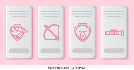 Set line Flying duck on shield, Bow and arrow in quiver, Bear head on shield and Sniper optical sight. White rectangle button. Vector
