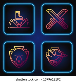 Set line Flying duck on shield, Bear head on shield, Trap hunting and Crossed hunter knife. Gradient color icons. Vector