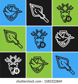 Set line Flying duck on shield, Hunt on deer with crosshairs and Hipster arrow tip icon. Vector