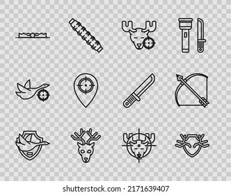 Set line Flying duck on shield, Deer antlers, Hunt moose with crosshairs, head, Trap hunting, place,  and Bow and arrow quiver icon. Vector