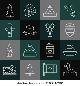 Set line Flying duck, Stone for curling, Hockey helmet, Indian teepee wigwam, Tree stump, Canadian totem pole, spruce and Lobster icon. Vector