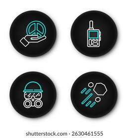 Set line Piedra voladora, máscara de gas, walkie talkie e icono de paz. Vector
