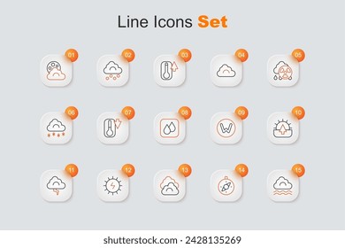 Set line Fog and cloud, Compass, Cloud, Solar energy panel, lightning, Sunrise, north and Water drop icon. Vector
