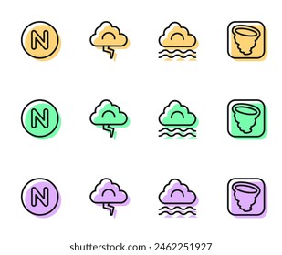 Set line Fog and cloud, Compass north, Cloud lightning and Tornado icon. Vector