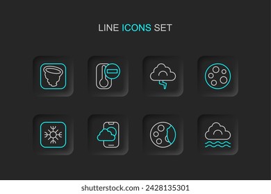 Set line Fog and cloud, Moon phases, Weather forecast app, Snowflake, Cloud lightning, Thermometer and Tornado icon. Vector