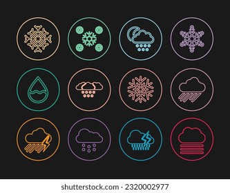 Set line Fog and cloud, Cloud with rain, snow moon, Water drop, Snowflake,  and  icon. Vector