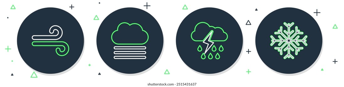 Fije la línea Niebla y nube, Nube con el relámpago de la lluvia, viento y icono del copo de nieve. Vector