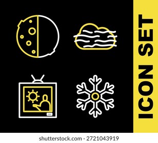Fije la línea Niebla y nube, Copo de nieve, pronóstico de Clima y Eclipse de icono de sol. Vector