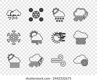 Set line Fog and cloud with sun, Cloud snow, rain lightning, Windy weather,  and  icon. Vector