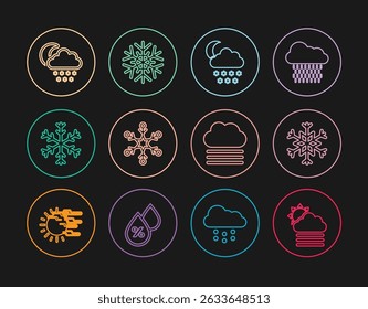 Fije la línea Niebla y nube con el sol, el copo de nieve, la luna de la nieve de la nube, y el icono. Vector