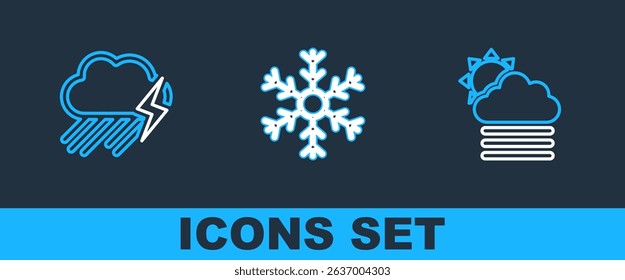 Set line Fog and cloud with sun, Cloud rain lightning and Snowflake icon. Vector