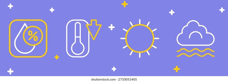 Establecer línea Niebla y nube, Sol, termómetro y gota de agua icono de porcentaje. Vector