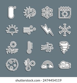 Niebla y nubes, Tornado, Copo de Nieve, Viento, Amanecer, Celsius e Icono de Rayo. Vector