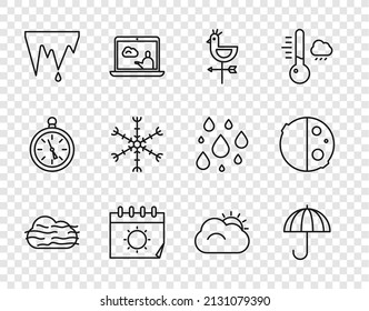 Set line Fog and cloud, Umbrella, Rooster weather vane, Calendar sun, Icicle, Snowflake, Sun and Eclipse of icon. Vector