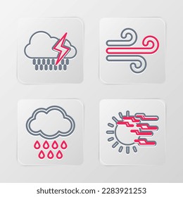 Set line Fog and sun, Cloud with rain, Wind and lightning icon. Vector