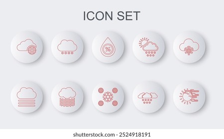 Set line Fog and sun, cloud, Water drop percentage, Cloud with snow, rain and Snow icon. Vector