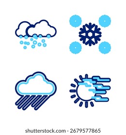 Set line Fog and sun, Cloud with rain, Snow and snow icon. Vector
