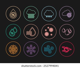 Set line Fog and sun, Water drop, Cloud with snow, percentage, Snow and rain icon. Vector