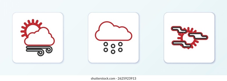 Set line Fog and sun, Windy weather and Cloud with snow icon. Vector