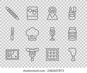 Set line Folded map, Chicken leg, Picnic location, Sausage the fork, French baguette bread, Chef hat, Checkered napkin and Jam jar icon. Vector