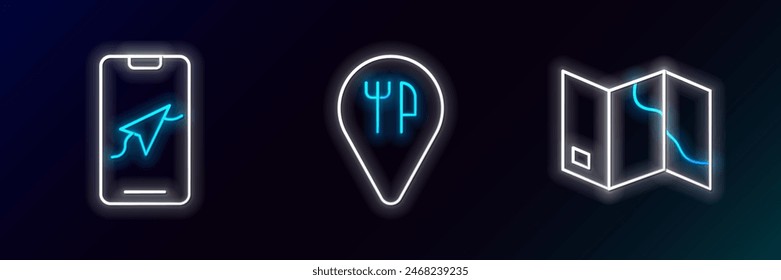 Set line Folded map, City navigation and Cafe and restaurant location icon. Glowing neon. Vector