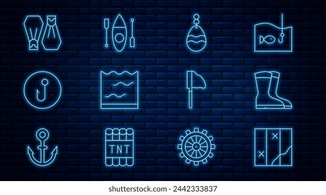 Set line Folded map, Fishing boots, spoon, Aquarium, hook, Rubber flippers for swimming, net with fish and Kayak canoe icon. Vector