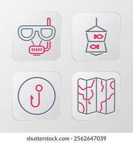 Set line Folded map, Fishing hook, net with fish and Diving mask and snorkel icon. Vector