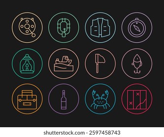 Set line Folded map, Fishing lure, jacket, boat on water, Camping lantern, Spinning reel for fishing, net with and Inflatable icon. Vector