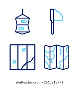 Set line Folded map, Fishing net with fish and  icon. Vector