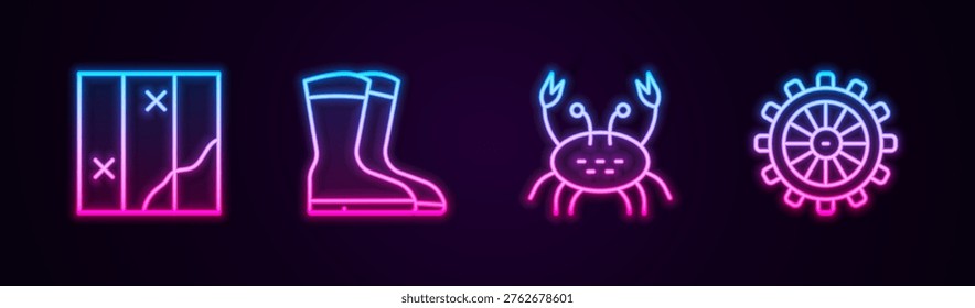 Set line Folded map, Fishing boots, Crab and Ship steering wheel. Glowing neon icon. Vector