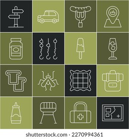 Set line Folded map, Hiking backpack, Wine glass, Sausage on the fork, Grilled shish kebab skewer, Jam jar, Road traffic sign and Ice cream icon. Vector
