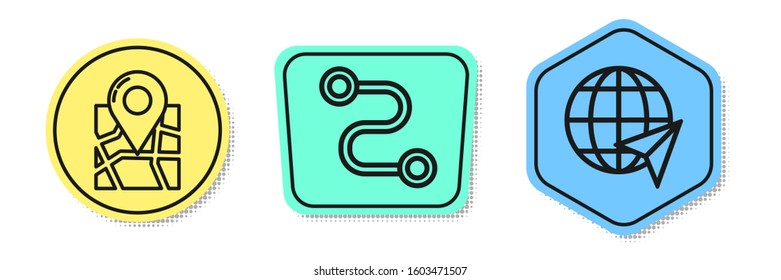 Set line Folded map with location marker, Route location and Location on the globe. Colored shapes. Vector