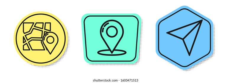 Set line Folded map with location marker, Map pin and Paper airplane. Colored shapes. Vector