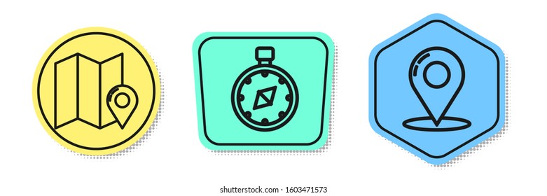 Set line Folded map with location marker, Compass and Map pin. Colored shapes. Vector