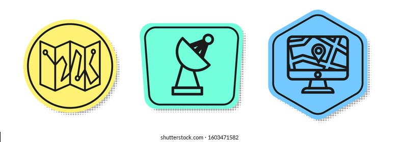 Set line Folded map with location marker, Radar and Monitor and folded map with location. Colored shapes. Vector