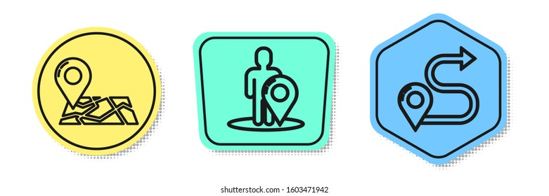 Set line Folded map with location marker, Map marker with a silhouette of a person and Route location. Colored shapes. Vector