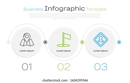 Set line Folded map with location marker, Flag and Road traffic sign. Business infographic template. Vector