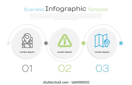 Set line Folded map with location marker, Exclamation mark in triangle and Folded map with location marker. Business infographic template. Vector