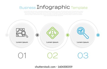 Set line Folded map with location marker, Road traffic sign and Search location. Business infographic template. Vector