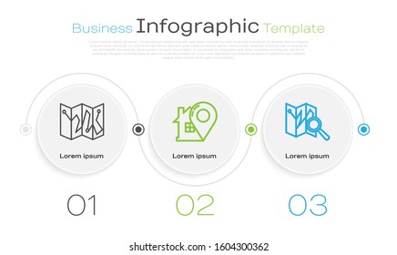 Set line Folded map with location marker, Map pointer with house and Folded map with location marker. Business infographic template. Vector