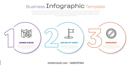 Set line Folded map with location marker, Flag and Stop sign. Business infographic template. Vector