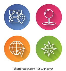 Set line Folded map with location marker, Push pin, Location on the globe and Wind rose. Color circle button. Vector