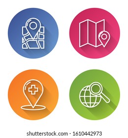 Set line Folded map with location marker, Folded map with location marker, Medical map pointer with cross hospital and Magnifying glass with globe. Color circle button. Vector