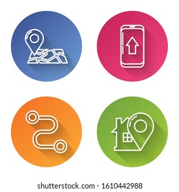 Set line Folded map with location marker, Infographic of city map navigation, Route location and Map pointer with house. Color circle button. Vector